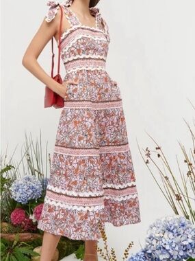 Celia B Floki Tiered Floral Midi Dress With Tie Shoulders Large